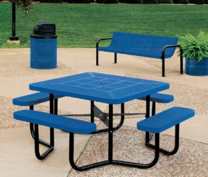 blue picnic table, bench, and trash can