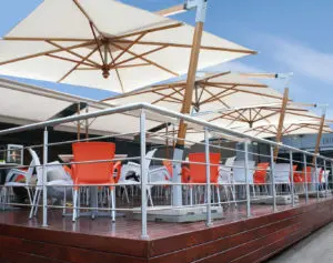 outdoor seating area with umbrellas