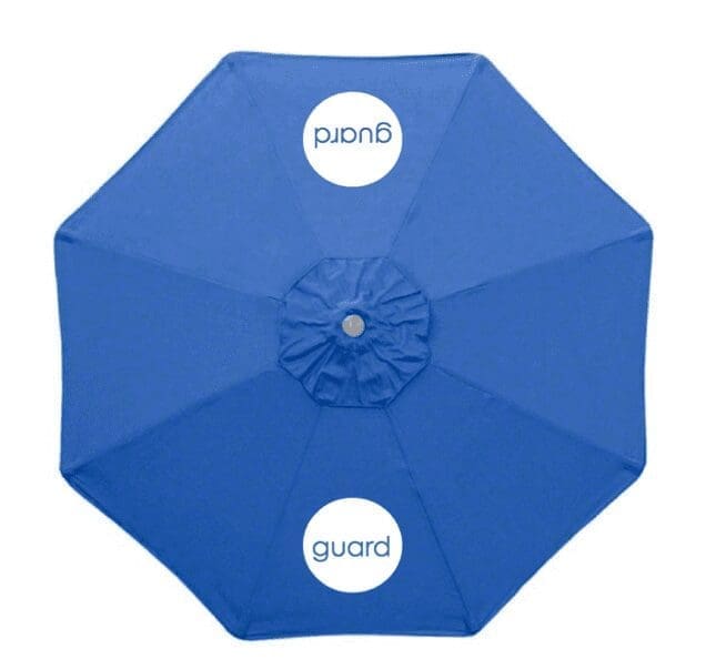 Blue umbrella with "guard" text, top view.